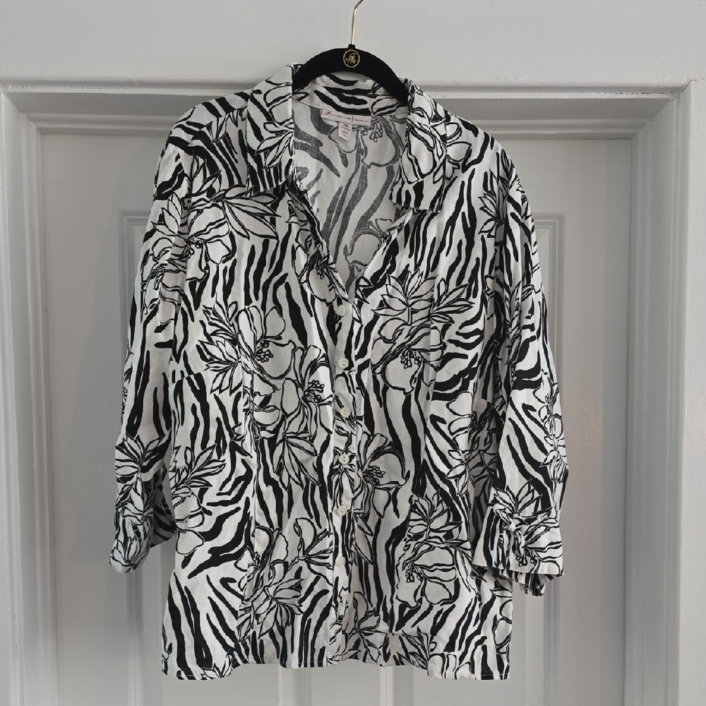 VGUC- JM Collection Black and White Floral Print Women's Linen Top, Sz 20W